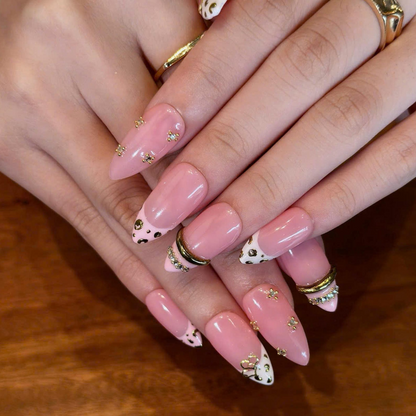 Pink Leopard Press On Nails with Gold Heart Charms | Animal Print French Tip Nails | 3D Rhinestone Handmade Nail Art | OB521UA
