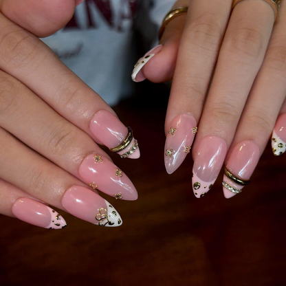 Pink Leopard Press On Nails with Gold Heart Charms | Animal Print French Tip Nails | 3D Rhinestone Handmade Nail Art | OB521UA