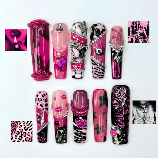 Pink Punk Press On Nails, Y2K Grunge Nails, Goth Glam Handmade Gel Nails, Chrome Heart Statement Manicure | OB459UG