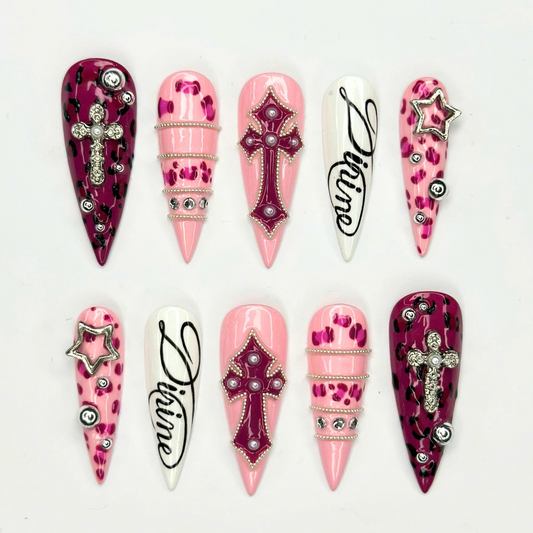 Pink Y2K Press On Nails with Rhinestone Cross | Leopard Print Bling Nails | Girly Maximalist Stiletto Nails | OB664UI