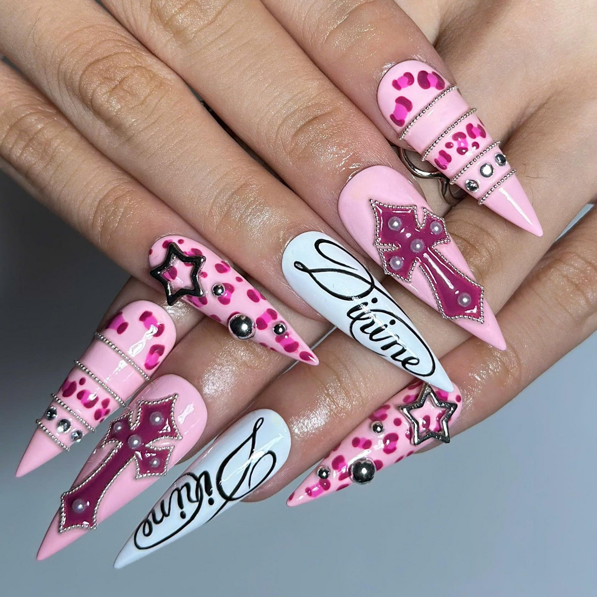 Pink Y2K Press On Nails with Rhinestone Cross | Leopard Print Bling Nails | Girly Maximalist Stiletto Nails | OB664UI