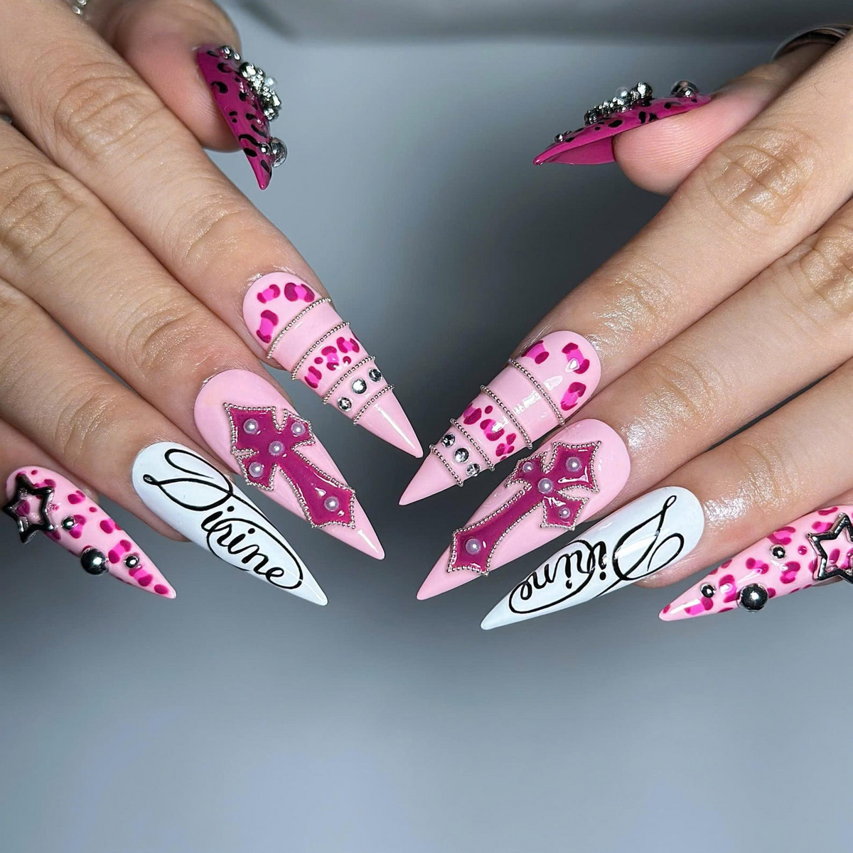 Pink Y2K Press On Nails with Rhinestone Cross | Leopard Print Bling Nails | Girly Maximalist Stiletto Nails | OB664UI