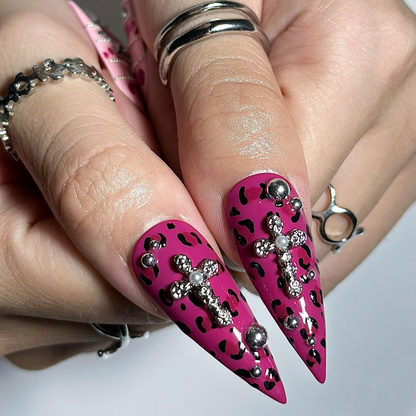 Pink Y2K Press On Nails with Rhinestone Cross | Leopard Print Bling Nails | Girly Maximalist Stiletto Nails | OB664UI