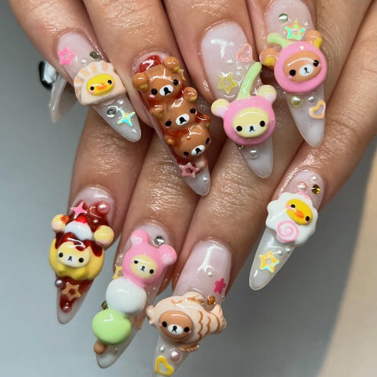 3D Rilakkuma Picnic Kawaii Press On Nails by Faithsfullsets | Handmade Food Charms & Bear Nails | DF01L