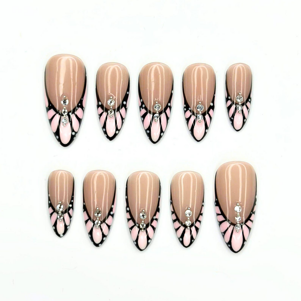Romantic Press On Nails with Butterfly Wings | Pink Crystal French Tips | Almond Nail Set | OB558UC