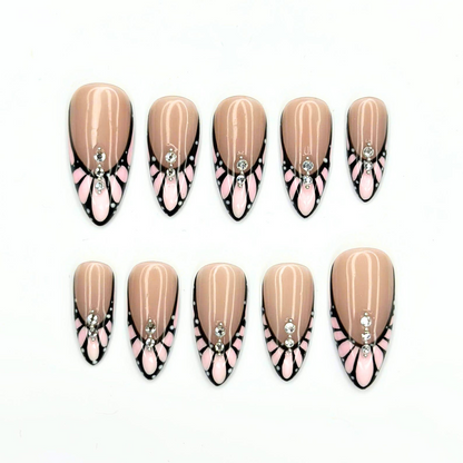 Romantic Press On Nails with Butterfly Wings | Pink Crystal French Tips | Almond Nail Set | OB558UC