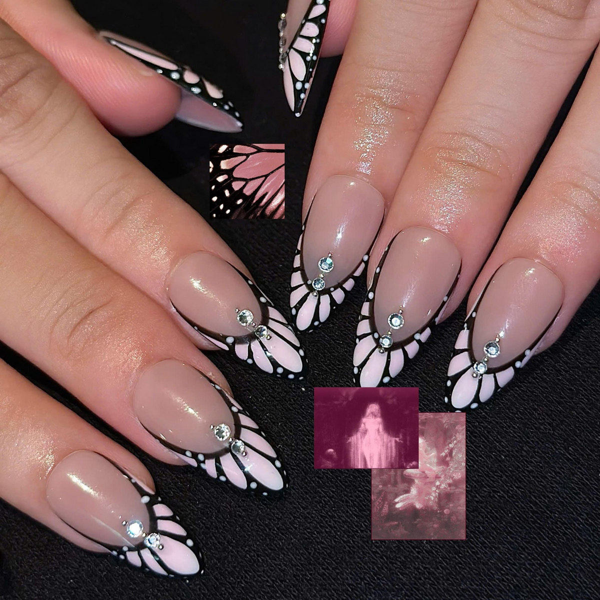 Romantic Press On Nails with Butterfly Wings | Pink Crystal French Tips | Almond Nail Set | OB558UC