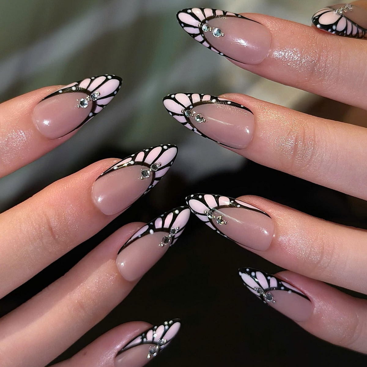 Romantic Press On Nails with Butterfly Wings | Pink Crystal French Tips | Almond Nail Set | OB558UC