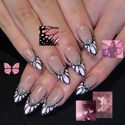 Romantic Press On Nails with Butterfly Wings | Pink Crystal French Tips | Almond Nail Set | OB558UC