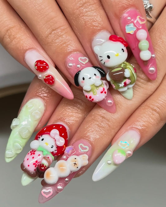 Strawberry Matcha Hello Kitty 3D Press On Nails by Faithsfullsets | Kawaii Sanrio Handmade Charms | DF02L