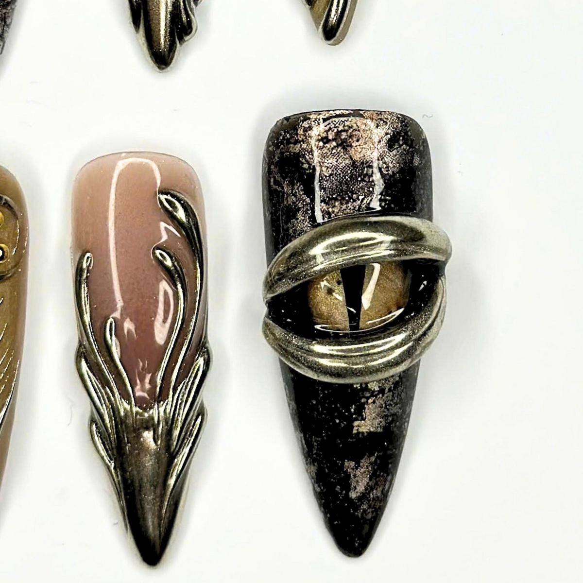 Sculptural Press On Nails, 3D Metallic Jewelry Nails, Antique Silver Bronze Abstract Art, Avant Garde Statement Nails, OB670UC