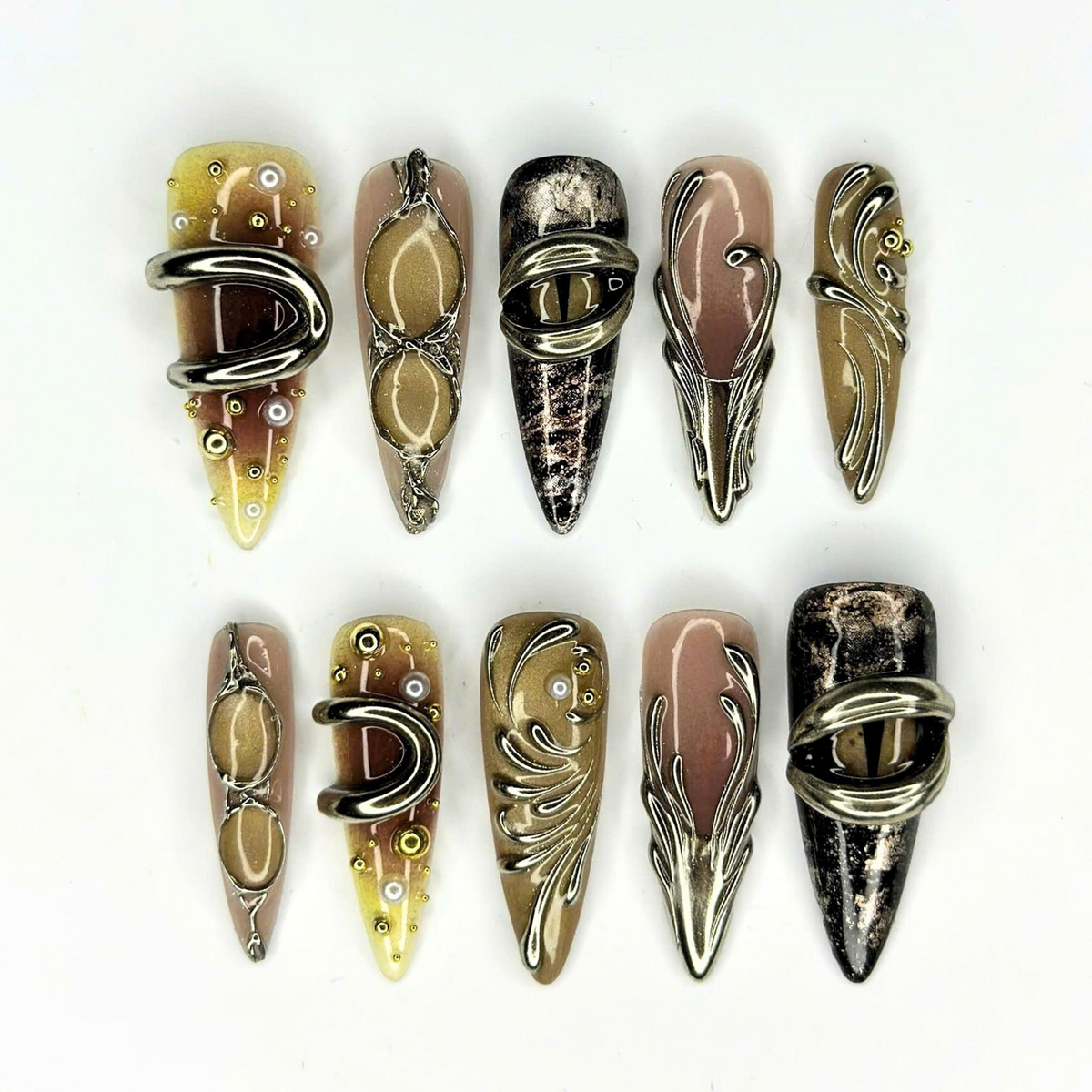 Sculptural Press On Nails, 3D Metallic Jewelry Nails, Antique Silver Bronze Abstract Art, Avant Garde Statement Nails, OB670UC