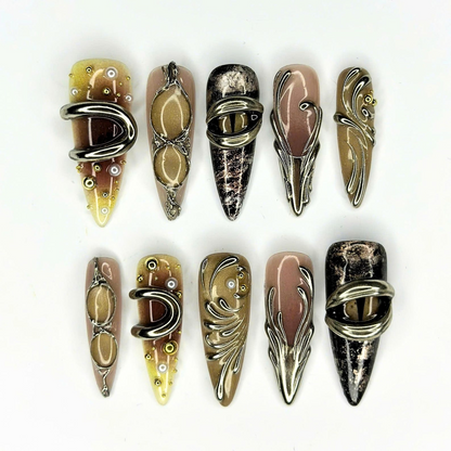 Sculptural Press On Nails, 3D Metallic Jewelry Nails, Antique Silver Bronze Abstract Art, Avant Garde Statement Nails, OB670UC