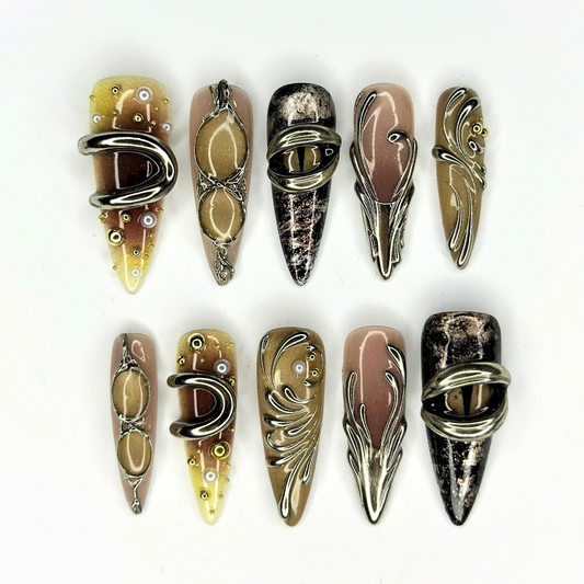 Sculptural Press On Nails, 3D Metallic Jewelry Nails, Antique Silver Bronze Abstract Art, Avant Garde Statement Nails, OB670UC