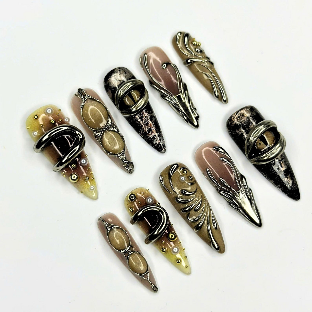 Sculptural Press On Nails, 3D Metallic Jewelry Nails, Antique Silver Bronze Abstract Art, Avant Garde Statement Nails, OB670UC