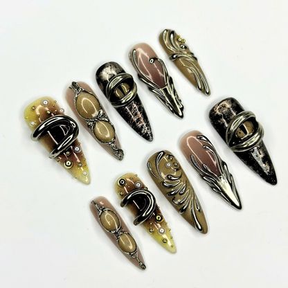 Sculptural Press On Nails, 3D Metallic Jewelry Nails, Antique Silver Bronze Abstract Art, Avant Garde Statement Nails, OB670UC