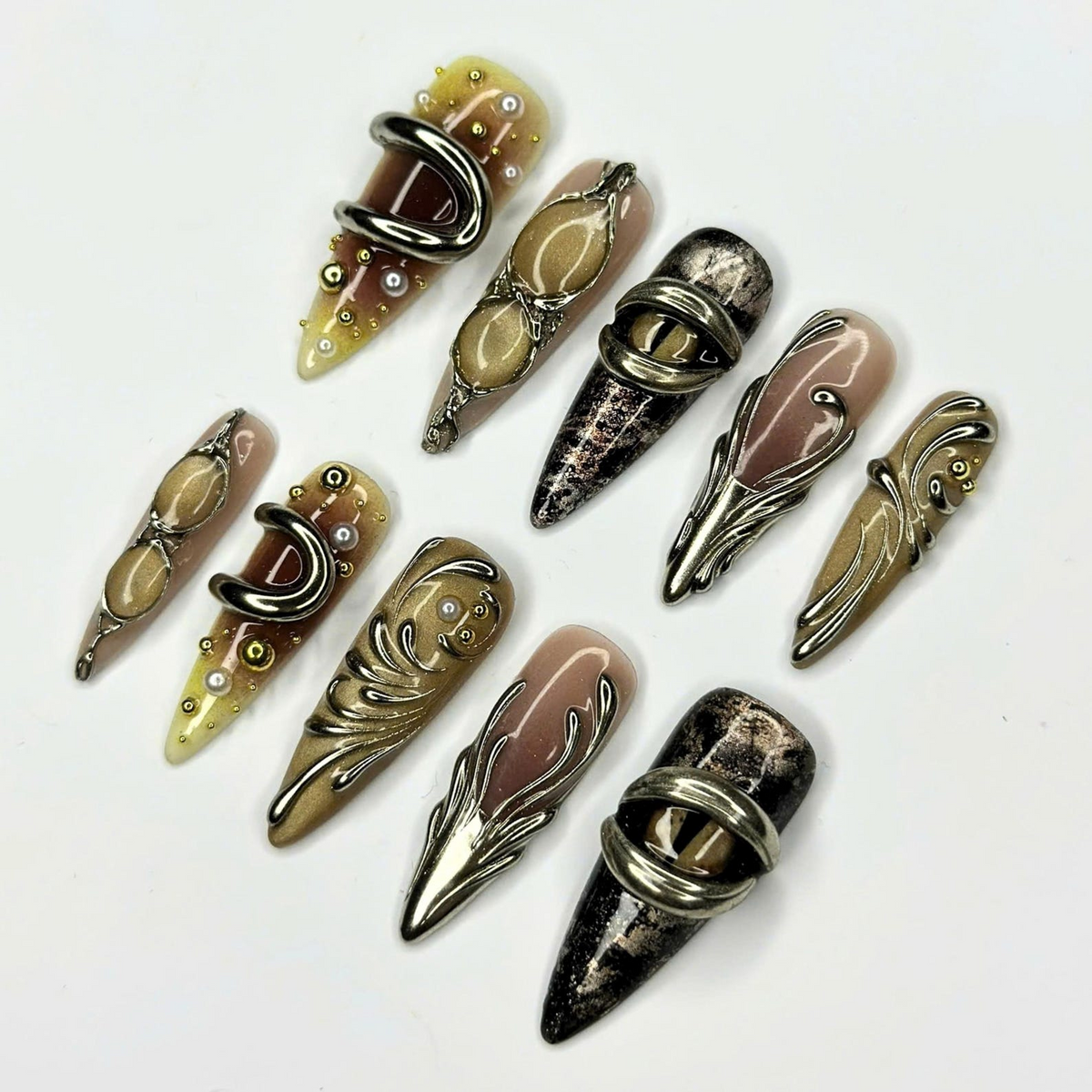 Sculptural Press On Nails, 3D Metallic Jewelry Nails, Antique Silver Bronze Abstract Art, Avant Garde Statement Nails, OB670UC
