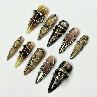 Sculptural Press On Nails, 3D Metallic Jewelry Nails, Antique Silver Bronze Abstract Art, Avant Garde Statement Nails, OB670UC