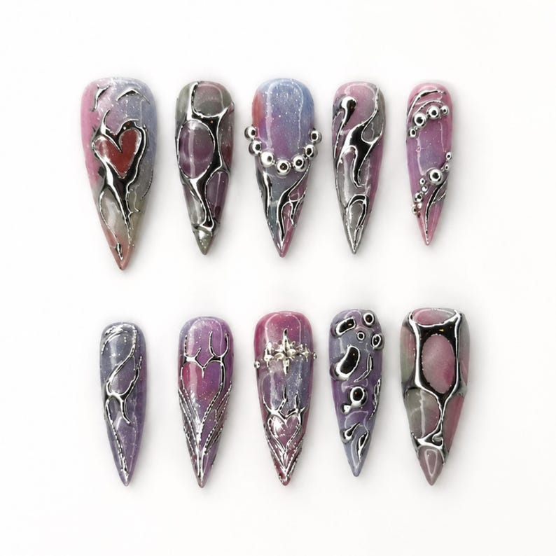 Silver Chrome Press On Nails with 3D Metallic Art , Purple Long Stiletto Nails , Futuristic Y2K Fake Nails for Party | OB492W