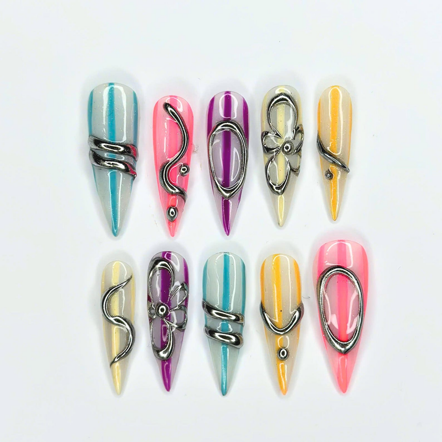 Silver Chrome Press On Nails with 3D Metallic Art , Purple Long Stiletto Nails , Futuristic Y2K Fake Nails for Party | OB493UC