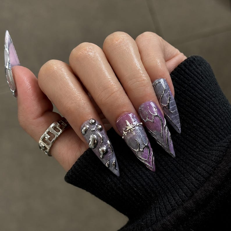 Silver Chrome Press On Nails with 3D Metallic Art , Purple Long Stiletto Nails , Futuristic Y2K Fake Nails for Party | OB492W