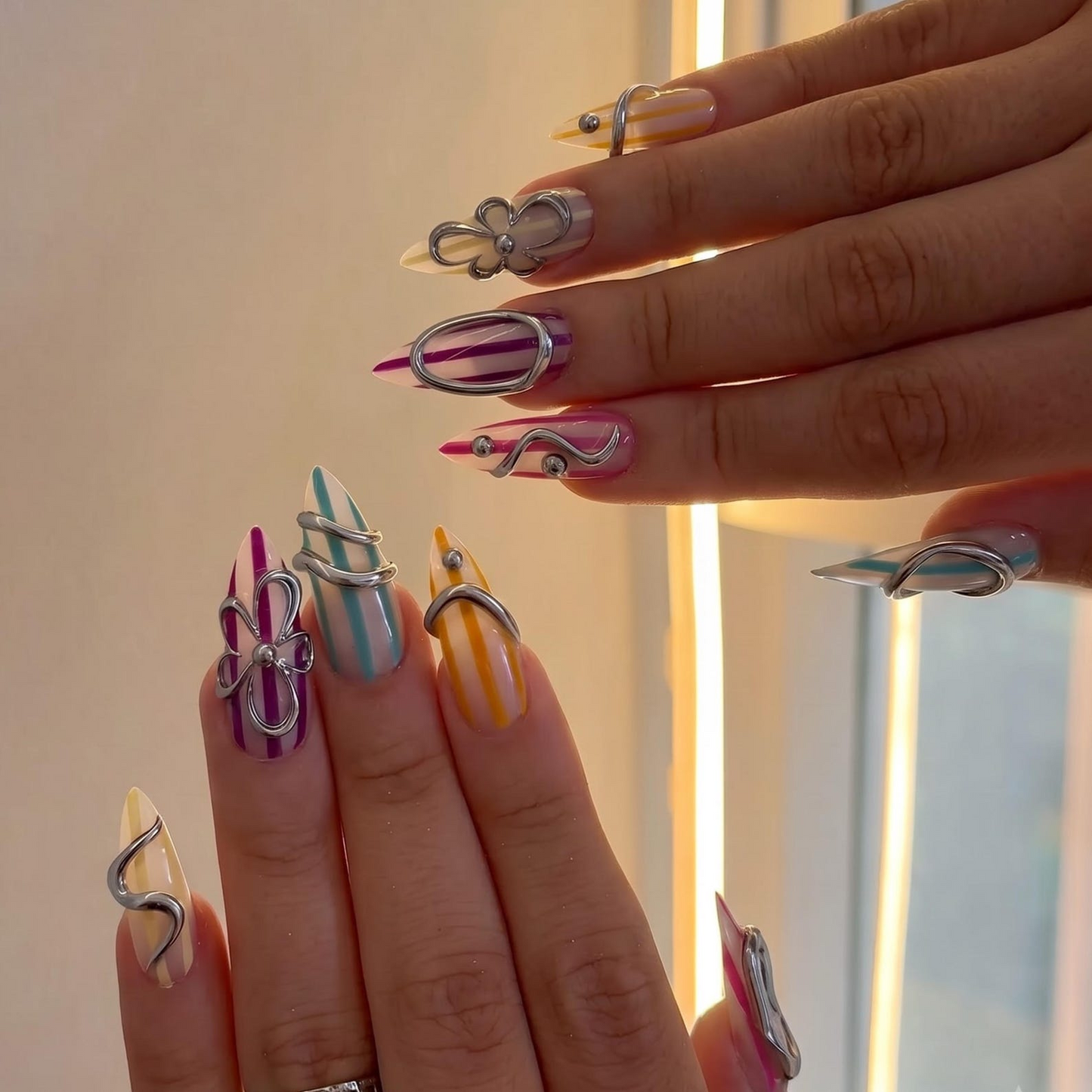 Silver Chrome Press On Nails with 3D Metallic Art , Purple Long Stiletto Nails , Futuristic Y2K Fake Nails for Party | OB493UC