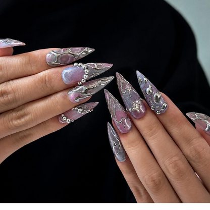 Silver Chrome Press On Nails with 3D Metallic Art , Purple Long Stiletto Nails , Futuristic Y2K Fake Nails for Party | OB492W