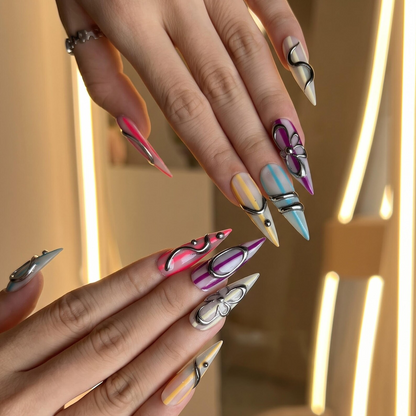 Silver Chrome Press On Nails with 3D Metallic Art , Purple Long Stiletto Nails , Futuristic Y2K Fake Nails for Party | OB493UC