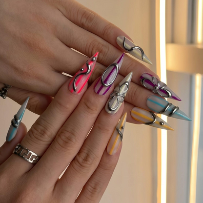Silver Chrome Press On Nails with 3D Metallic Art , Purple Long Stiletto Nails , Futuristic Y2K Fake Nails for Party | OB493UC