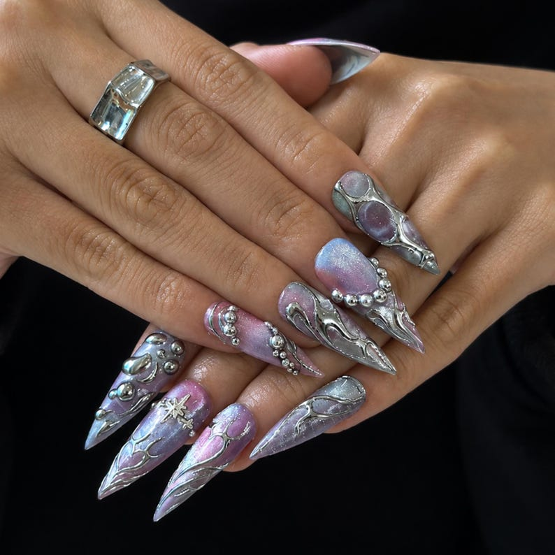 Silver Chrome Press On Nails with 3D Metallic Art , Purple Long Stiletto Nails , Futuristic Y2K Fake Nails for Party | OB492W