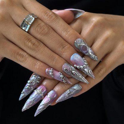 Silver Chrome Press On Nails with 3D Metallic Art , Purple Long Stiletto Nails , Futuristic Y2K Fake Nails for Party | OB492W