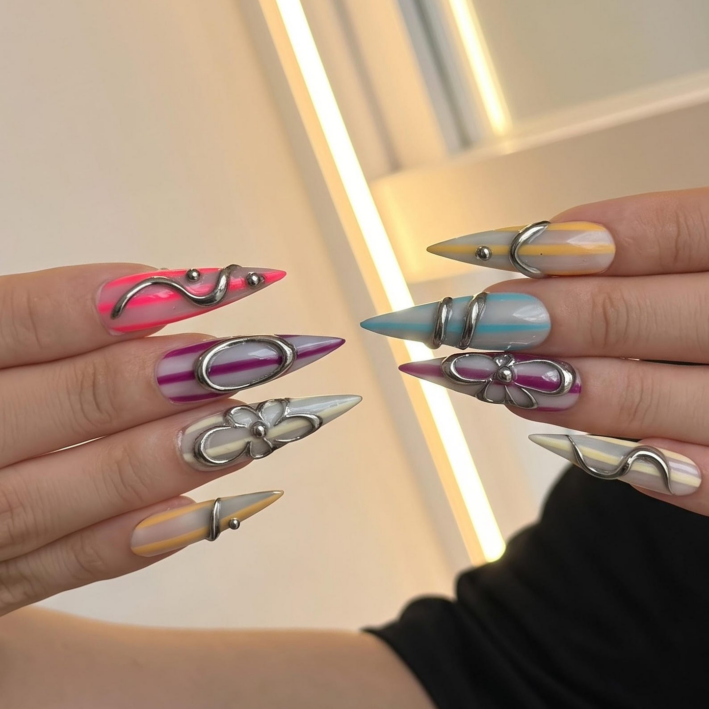 Silver Chrome Press On Nails with 3D Metallic Art , Purple Long Stiletto Nails , Futuristic Y2K Fake Nails for Party | OB493UC
