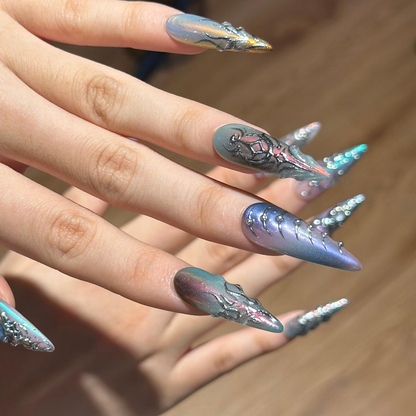 Spider Web Press On Nails, Dark Fantasy Chrome, 3D Metallic Gothic Statement, Almond Shape OB468WG