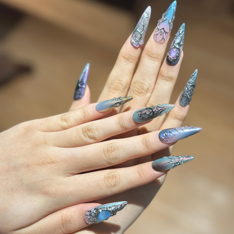 Spider Web Press On Nails, Dark Fantasy Chrome, 3D Metallic Gothic Statement, Almond Shape OB468WG