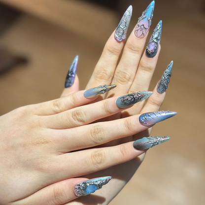 Spider Web Press On Nails, Dark Fantasy Chrome, 3D Metallic Gothic Statement, Almond Shape OB468WG