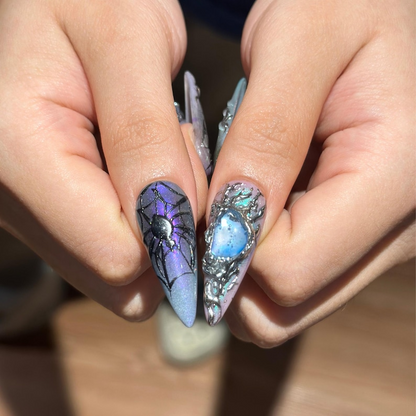 Spider Web Press On Nails, Dark Fantasy Chrome, 3D Metallic Gothic Statement, Almond Shape OB468WG
