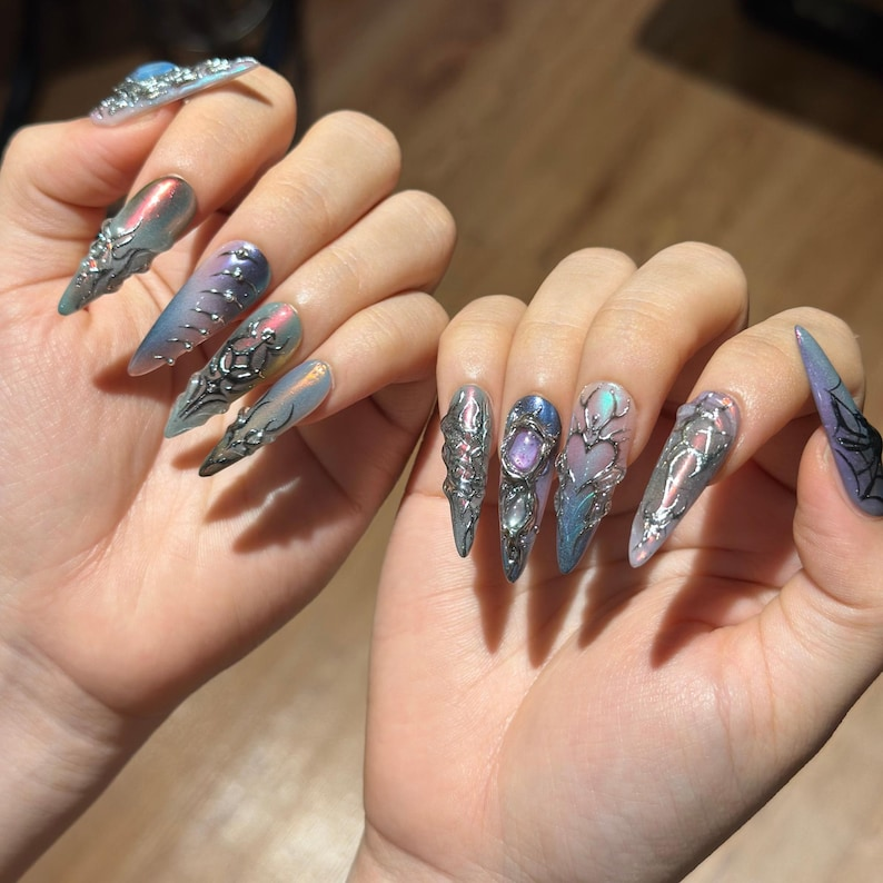 Spider Web Press On Nails, Dark Fantasy Chrome, 3D Metallic Gothic Statement, Almond Shape OB468WG