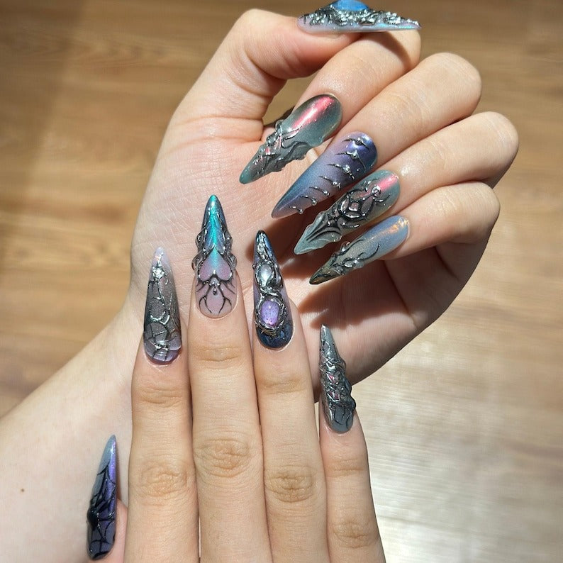 Spider Web Press On Nails, Dark Fantasy Chrome, 3D Metallic Gothic Statement, Almond Shape OB468WG