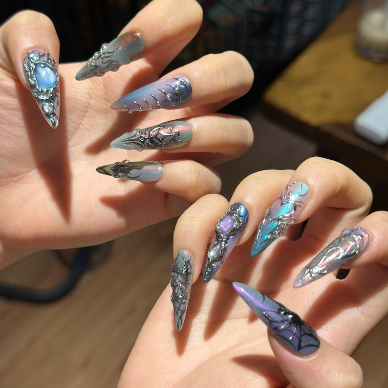 Spider Web Press On Nails, Dark Fantasy Chrome, 3D Metallic Gothic Statement, Almond Shape OB468WG
