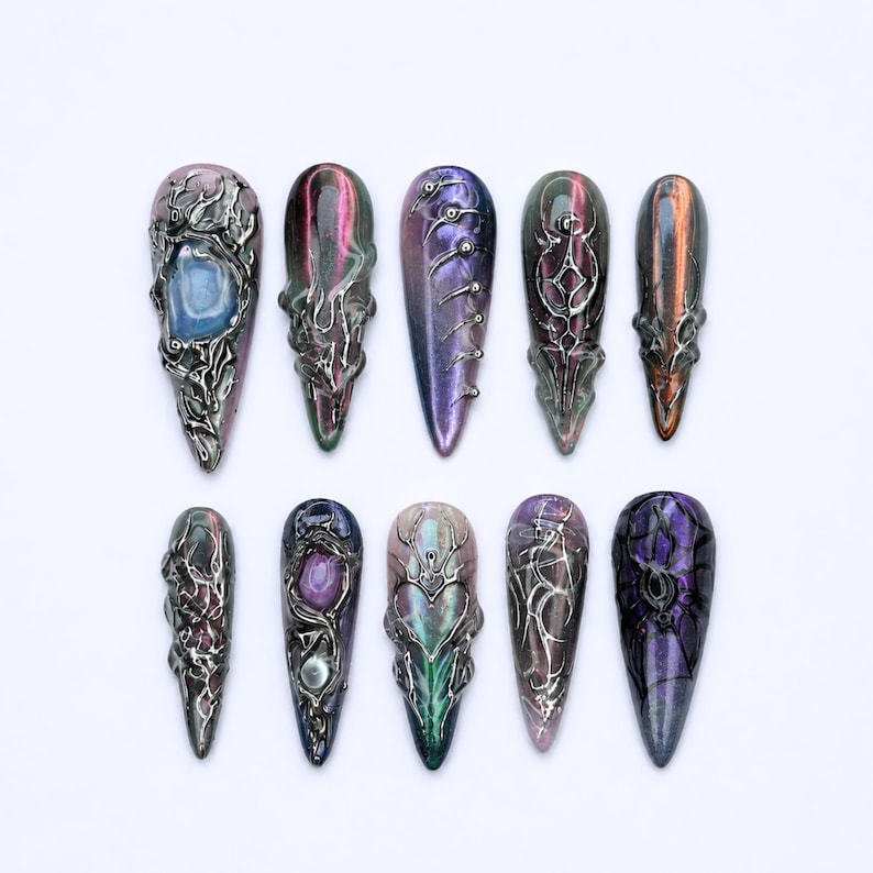 Spider Web Press On Nails, Dark Fantasy Chrome, 3D Metallic Gothic Statement, Almond Shape OB468WG