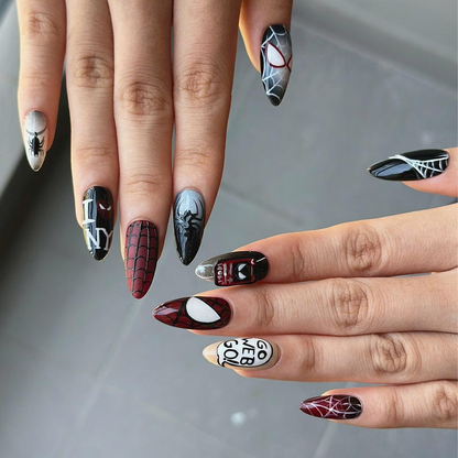 Spider Web Press On Nails with Comic Art | Red Black Superhero Almond Nails | Gothic Web Nail Art for Halloween & Cosplay | OB490UC