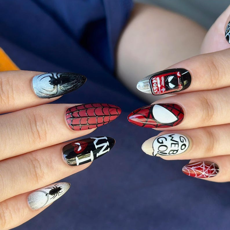 Spider Web Press On Nails with Comic Art | Red Black Superhero Almond Nails | Gothic Web Nail Art for Halloween & Cosplay | OB490UC