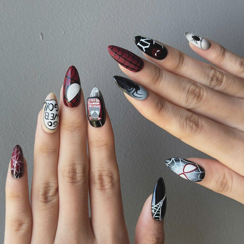 Spider Web Press On Nails with Comic Art | Red Black Superhero Almond Nails | Gothic Web Nail Art for Halloween & Cosplay | OB490UC