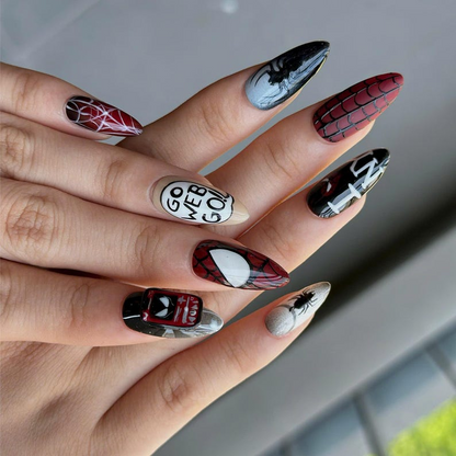 Spider Web Press On Nails with Comic Art | Red Black Superhero Almond Nails | Gothic Web Nail Art for Halloween & Cosplay | OB490UC