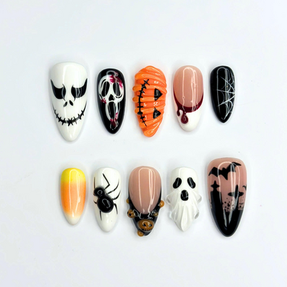 Spooky Halloween Press On Nails with Ghost | Pumpkin Spider Web and Bat Nail Art | Handmade Nails| OB524UC