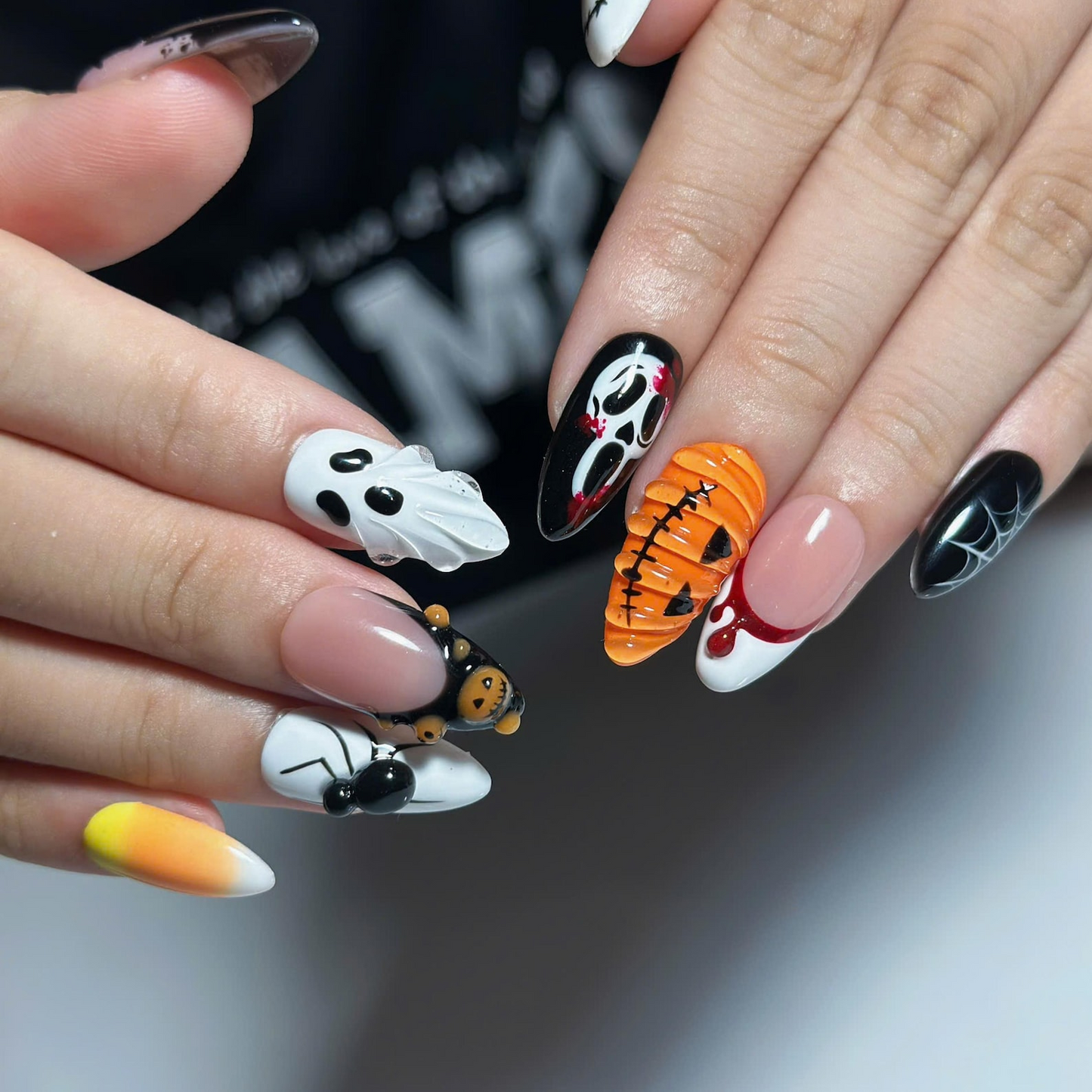 Spooky Halloween Press On Nails with Ghost | Pumpkin Spider Web and Bat Nail Art | Handmade Nails| OB524UC