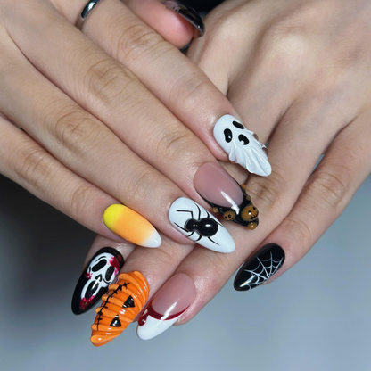 Spooky Halloween Press On Nails with Ghost | Pumpkin Spider Web and Bat Nail Art | Handmade Nails| OB524UC