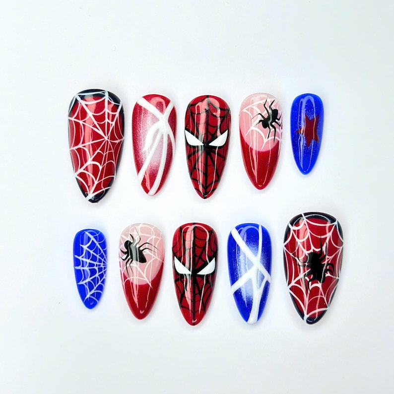 Superhero Press On Nails with Comic Web Design, Red Blue Fake Nails in Almond, Handmade Nail Art for Cosplay, Party, Halloween | OC479UC