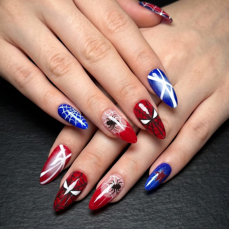Superhero Press On Nails with Comic Web Design, Red Blue Fake Nails in Almond, Handmade Nail Art for Cosplay, Party, Halloween | OC479UC