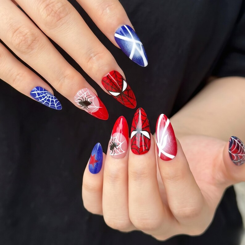 Superhero Press On Nails with Comic Web Design, Red Blue Fake Nails in Almond, Handmade Nail Art for Cosplay, Party, Halloween | OC479UC